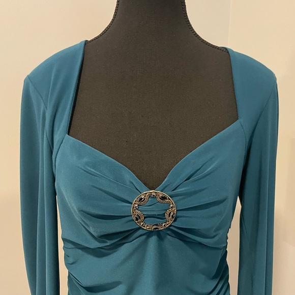 Vintage Frank Lyman Teal Gathered Blouse with Bust Bling - Picture 5 of 7